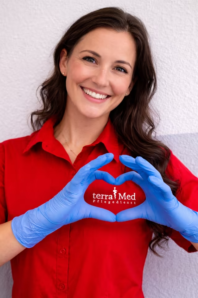 Pflege mit Herz - terraMed Pflegerin zeigt Herzgeste